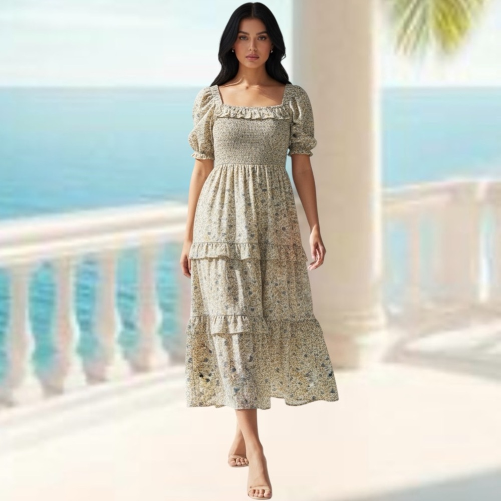 Calista S mustard floral smocked tiered midi dress with pockets - Picture 12 of 12